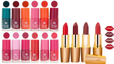 

Aroma Care 12 Piece Vibrant Color Nail Polish Combo Set With 4 Rythm Creamy Matte Lipstick Combo 136(Set of 16)