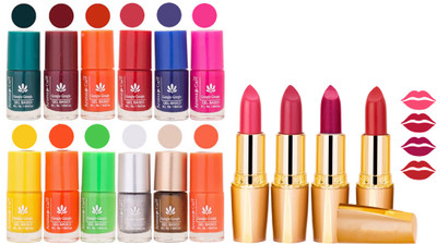 

Aroma Care 12 Piece Vibrant Color Nail Polish Combo Set With 4 Rythm Creamy Matte Lipstick Combo 25(Set of 16)