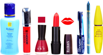 

Rythmx Orange Lipstick Redish Pink Nail Polish Remover Eye Liner Sindoor Pro Non Transfer Turquoise Blue Kajal Maskara Color Bomb Kit 1811(Set of 7)
