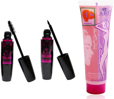 

ADS 1625 Waterproof Eyeliner / Mascara / Papaya Cleansing scrub gel(Set of 3)