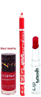

Color Fever Red Lip Bomb Lipstick + Lip Liner+Nail Polish Combo 240320169(Set of 3)