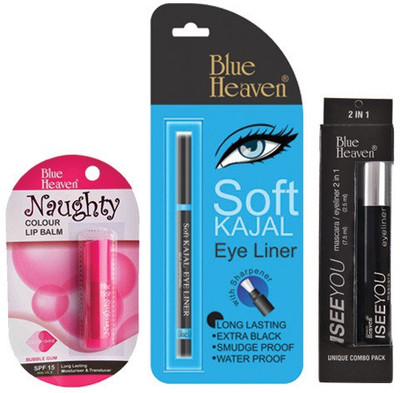 

Blue Heaven Soft Kajal Eyeliner , I See You 2 in 1 Mascara/Eyeliner & Naughty Color Lip Balm (Bubble Gum)(Set of 3)