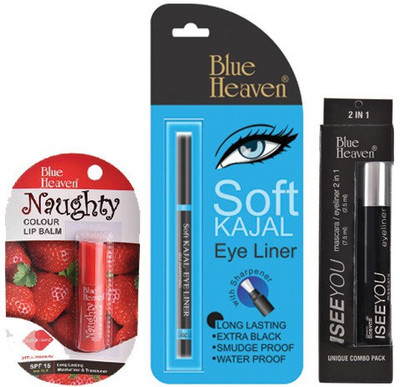 

Blue Heaven Soft Kajal Eyeliner , I See You 2 in 1 Mascara/Eyeliner & Naughty Color Lip Balm (Strawberry)(Set of 3)