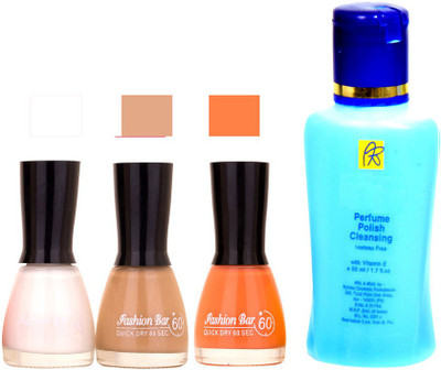 

Fashion Bar Stengthening Nail Polish Remover And White,Musted,Peach Shades Nail Polish 52441(Set of 4)