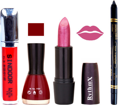 

Rythmx Shimmer Pink Lipstick Maroon Nail Polish Non Transfer Black kajal Sindoor 169(Set of 4)