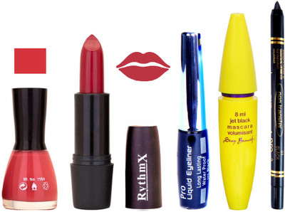 

Rythmx Burgundy Shades Lipstick Pink Nail Polish With Black EyeLiner Zed Black Kajal and Volumisant Express MasCara CC(Set of 5)