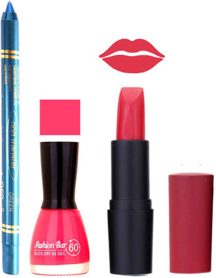 

Fashion Bar Nail Polish , otg Lipstick , Turquoise Blue Kajal Combo56(Set of 3)