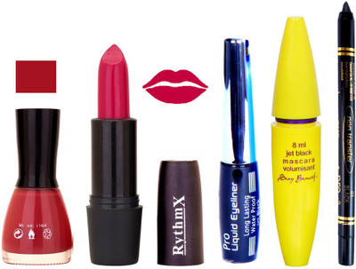 

Rythmx Shinny Mazanta Lipstick LoliPop Pink Nail Polish With Black EyeLiner Zed Black Kajal and Volumisant Express MasCara N(Set of 5)