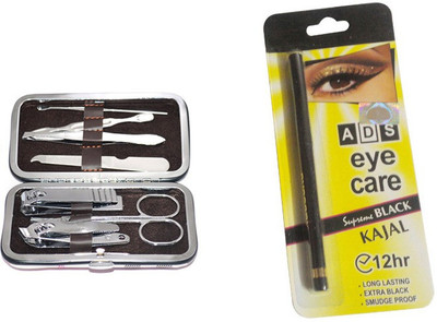 

ADS Maniure and Pedicure 7 In 1 Stainless Steel Kit / Eyecare kajal(Set of 2)