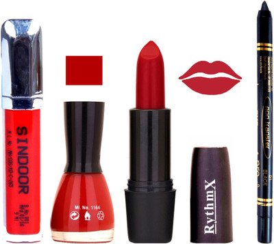 Rythmx Rose Red Lipstick Red Nail Polish Non Transfer Black kajal Sindoor 173(Set of 4)