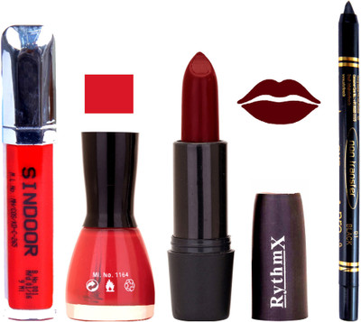 

Rythmx Maroon Lipstick Lolipop Pink Nail Polish Non Transfer Black kajal Sindoor 175(Set of 4)