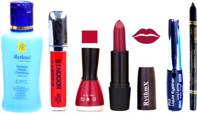 

Rythmx Rose Mauve Lipstick Redish Pink Nail Polish Remover Eye Liner Sindoor Black Kajal Combo Kit 9828(Set of 6)