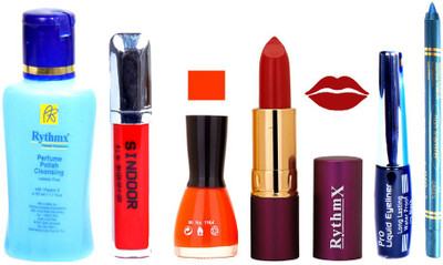 

Rythmx Purple Lipstick ,Polish Remover, Sindoor, Nail Polish,EyeLiner, Remover,Turqoise Blue Kajal, Makeup kit Combo 12007(Set of 6)