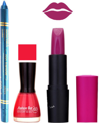 

Fashion Bar Nail Polish , otg Lipstick , Turquoise Blue Kajal Combo110(Set of 3)