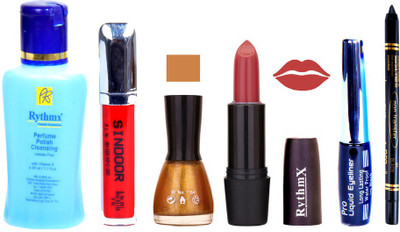 

Rythmx Gajri Lipstick Glitter Gold Nail Polish Remover Eye Liner Sindoor Black Kajal Combo Kit 9842(Set of 6)