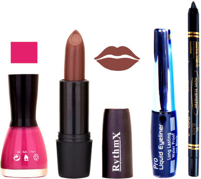 

Rythmx Voilet Purple Nail Polish Brown Lipstick With Eyeliner and Pro Non Transfer Black Kajal 68101(Set of 4)