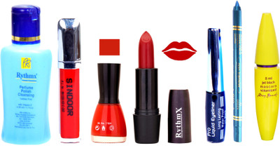 

Rythmx Rose Red Lipstick Red Nail Polish Remover Eye Liner Sindoor Pro Non Transfer Turquoise Blue Kajal Maskara Color Bomb Kit 1806(Set of 7)