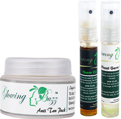 

Glowing Buzz Combo of 1 Natural Anti Tan Pack for Face, Dark Under Arms and Hands, 1 Neem Essential Oil and 1 WheatGerm Essential Oil(Set of 3)