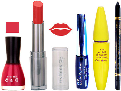 

Rythmx Intense Matte Red Delight Shade Lipstick, Shimmer Mazanta Nail Polish,Black Eyeliner,Mascara, And Stay On Black Kajal 7319(Set of 5)