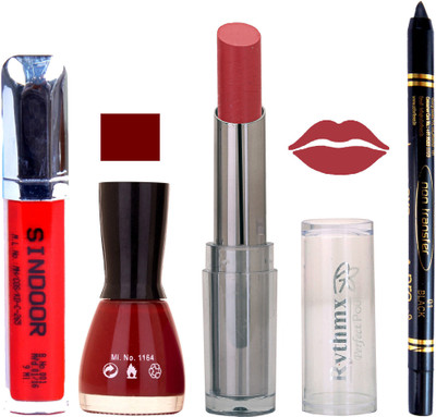 

Rythmx Lipstick Sindoor,Nail Polish,Black Kajal Makeup Pack Combo 649(Set of 4)