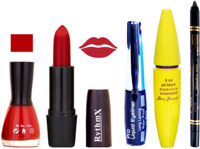 

Rythmx Rose Red LipstickCherry Red Nail Polish With Black EyeLiner Zed Black Kajal and Volumisant Express MasCara K(Set of 5)