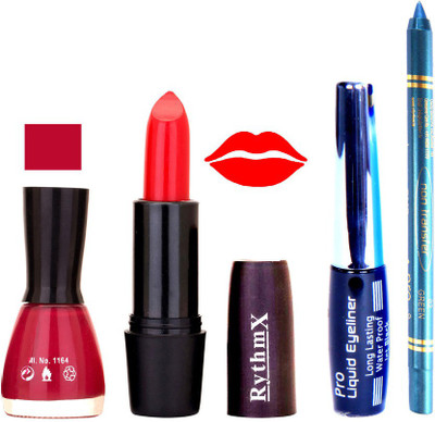 

Rythmx Deep Dark Pink Nail Polish Orange Lipstick With Eyeliner and Pro Non Transfer Blue Kajal 580117(Set of 4)