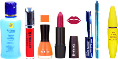 

Rythmx Shimmer Mazanta Lipstick Peach Nail Polish Remover Eye Liner Sindoor Pro Non Transfer Turquoise Blue Kajal Maskara Color Bomb Kit 1847(Set of 7)