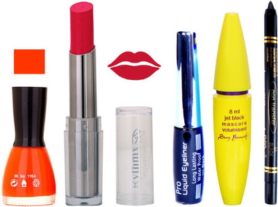 

Rythmx Intense Matte Royal pink Shade Lipstick, Fantasy Orange Nail Polish,Black Eyeliner,Mascara, And Stay On Black Kajal 7295(Set of 5)