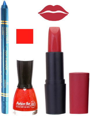 

Fashion Bar Nail Polish , otg Lipstick , Turquoise Blue Kajal Combo107(Set of 3)