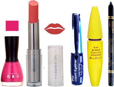 

Rythmx Intense Matte Peach Shade Lipstick, Voilet Purple Nail Polish,Black Eyeliner,Mascara, And Stay On Black Kajal 7304(Set of 5)