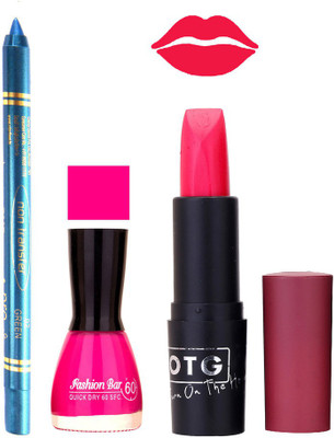 

Fashion Bar Nail Polish , otg Lipstick , Turquoise Blue Kajal Combo100(Set of 3)