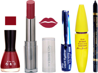 

Rythmx Intense Matte True some pink Shade Lipstick, Mauve Nail Polish,Black Eyeliner,Mascara, And Stay On Black Kajal 7296(Set of 5)