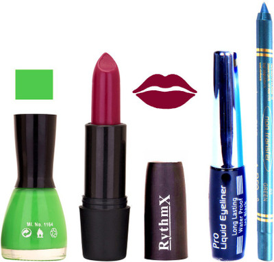 

Rythmx Parrot Green Nail Polish MAznata Mauve Lipstick With Eyeliner and Pro Non Transfer Blue Kajal 580143(Set of 4)