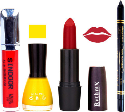 

Rythmx Brilliant Red Lipstick Yellow Nail Polish Non Transfer Black kajal Sindoor 186(Set of 4)