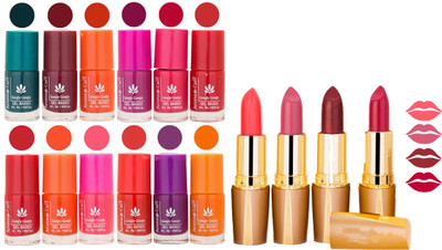 

Aroma Care 12 Piece Vibrant Color Nail Polish Combo Set With 4 Rythm Creamy Matte Lipstick Combo 77(Set of 16)