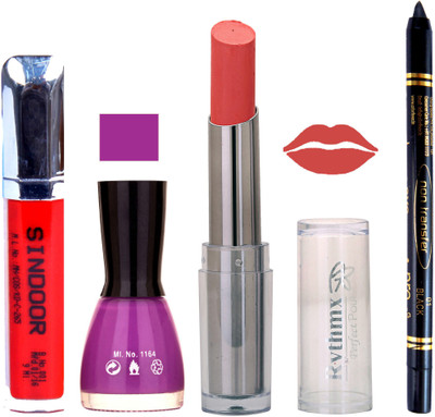 

Rythmx Lipstick Sindoor,Nail Polish,Black Kajal Makeup Pack Combo 624(Set of 4)