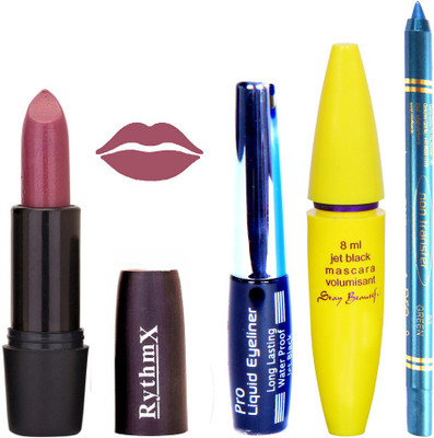 

Rythmx Voilet Pink Lipstick Bold Look Eyeliner Non Pro Transfer Turqoise Blue Kajal Jet Black Volumisant Mascara Kit 30333(Set of 4)