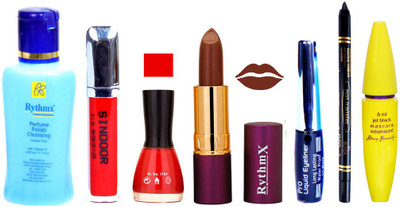 

Rythmx Lipstick ,Polish Remover, Sindoor, Nail Polish,EyeLiner,Black Kajal, Mascara, Makeup kit Combo 14093(Set of 7)