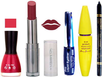 

Rythmx Intense Matte Burgandy Shade Lipstick, Shimmer MazantaNail Polish,Black Eyeliner,Mascara, And Stay On Black Kajal 7326(Set of 5)