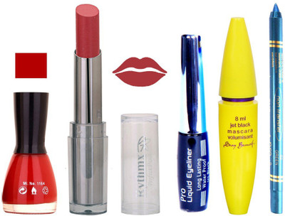 

Rythmx Intense Matte Mauve Shade Lipstick, Red Nail Polish,Black Eyeliner,Mascara, And Turquoise Blue Kajal 599(Set of 5)