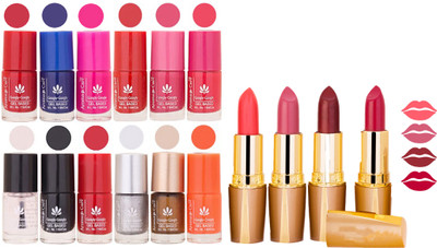 

Aroma Care 12 Piece Vibrant Color Nail Polish Combo Set With 4 Rythm Creamy Matte Lipstick Combo 93(Set of 16)