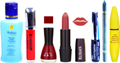 

Rythmx Gajri Shade Lipstick Cherry Red Nail Polish Remover Skinny Liquid EyeLiner Sindoor Pro Non Transfer Turquoise Blue Kajal Bold Look Maskara Color Fever Kit 6866(Set of 7)
