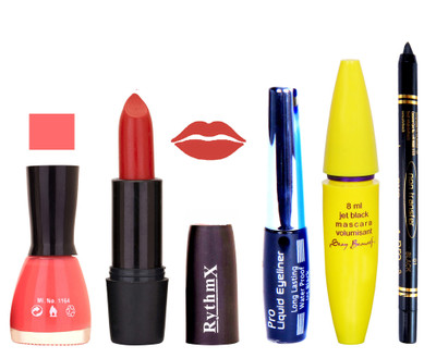 

Rythmx Glorious Red Lipstick Baby Pink Nail Polish With Black EyeLiner Zed Black Kajal and Volumisant Express MasCara NN(Set of 5)