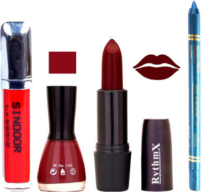 

Rythmx Maroon Lipstick Maroon Shade Nail Polish Sindoor and Non Pro Transfer Turquoise Blue Kajal Combo kit 9910(Set of 4)