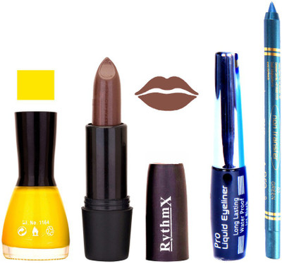 

Rythmx Yellow Nail Polish Brown Lipstick With Eyeliner and Pro Non Transfer Blue Kajal 58092(Set of 4)