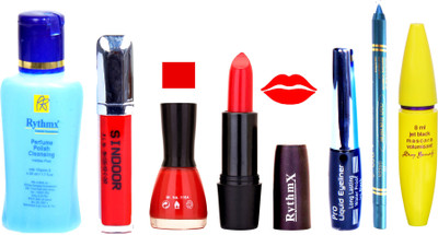 

Rythmx Orange Lipstick Glowing Red Nail Polish Remover Skinny Liquid EyeLiner Sindoor Pro Non Transfer Turquoise Blue Kajal Bold Look Maskara Color Fever Kit 6836(Set of 7)