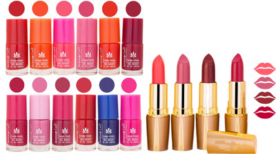 

Aroma Care 12 Piece Vibrant Color Nail Polish Combo Set With 4 Rythm Creamy Matte Lipstick Combo 87(Set of 16)