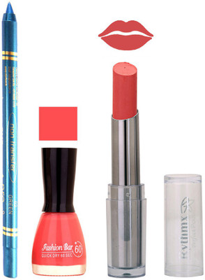 Rythmx Lipstick , Nail Polish And Turquoise Blue Kajal Makeup Combo 1182(Set of 3)