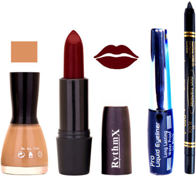 

Rythmx Musted Nail Polish Maroon Lipstick With Eyeliner and Pro Non Transfer Black Kajal 68119(Set of 4)