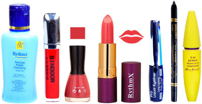 

Rythmx Lipstick ,Polish Remover, Sindoor, Nail Polish,EyeLiner,Black Kajal, Mascara, Makeup kit Combo 14110(Set of 7)